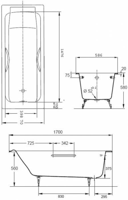 Ванна чугунная с отверстиями для ручек JACOB DELAFON Parallel 150х70 E2949-00. Фото